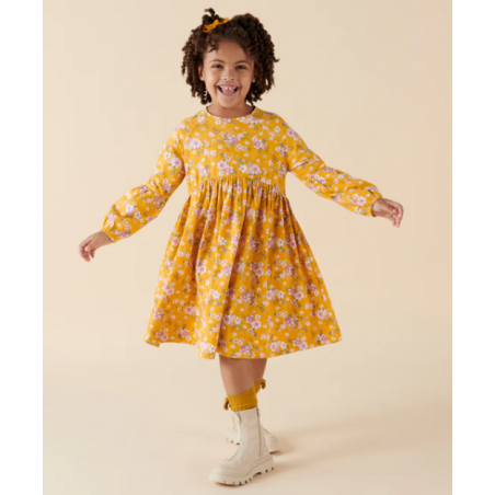 Designer Kidz - Millie Floral Long Sleeve Poodle Sleeve Dress - Honey Gold