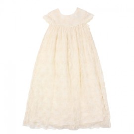 Bebe - Special Occasions Short Sleeve Lace Long Christening Gown - Rich Cream