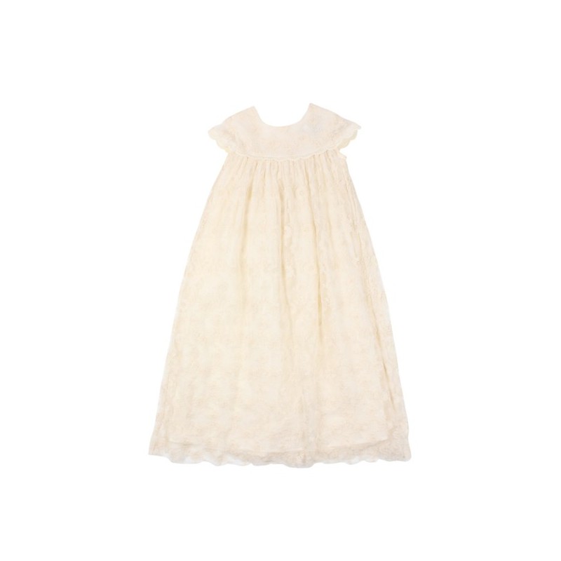 Bebe - Special Occasions Short Sleeve Lace Long Christening Gown - Rich Cream