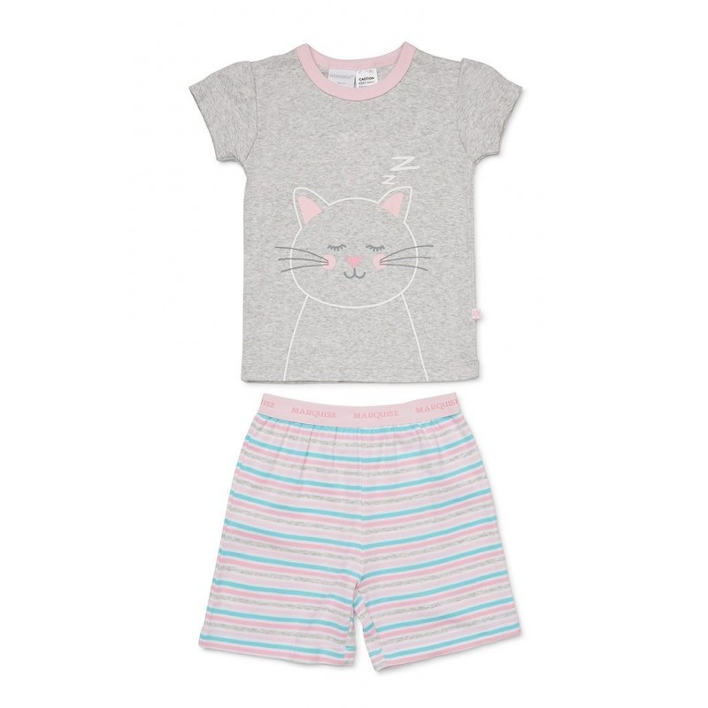 Marquise - Girls Cat Summer Pyjamas - Grey Marle/Stripe